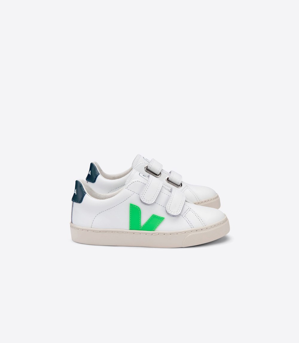 Veja Sneakers Copii - Esplar Velcro Piele - Albi/Verzi - 3875610-CB